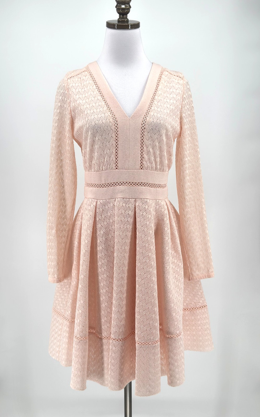 Maje Rossignol Light Peach Pink Lace Pleated Fit Flare Mini Dress Sz EU 3 US L